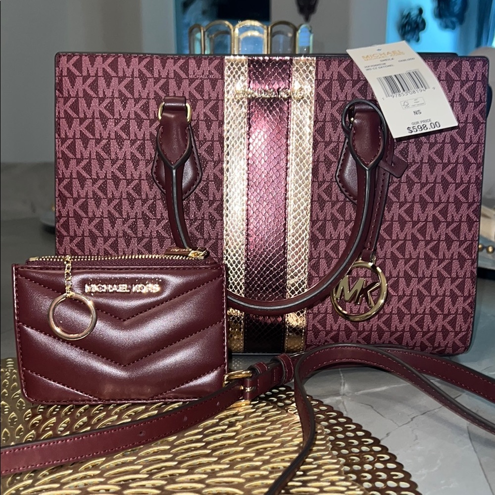 Michael Kors Maroon and Gold Satchel